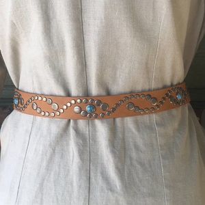 Steve Madden Leather Belt Silver Studs Blue Accents